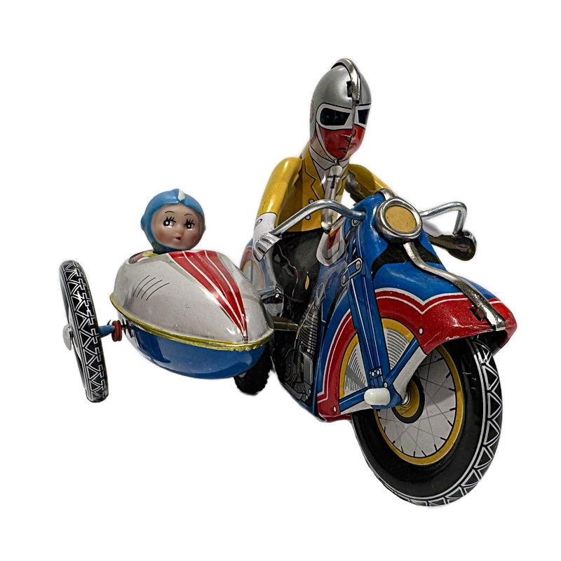 Vintage Wind-Up Motorcycle with Sidecar Tin Toy by Schylling