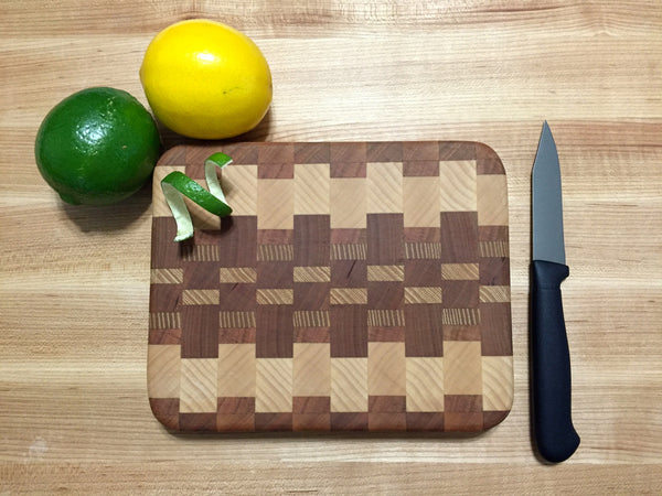 Cutting board--end grain mahogany cutting board and bow knife set